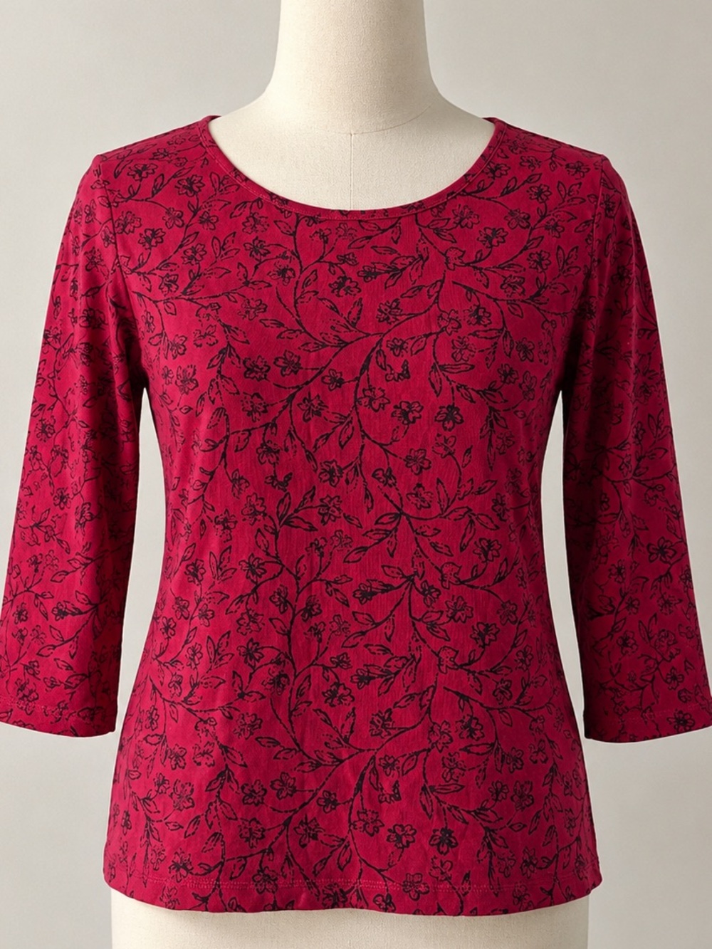 Liz Claiborne Ruby red Floral Scoop Neck Long Sleeve Top